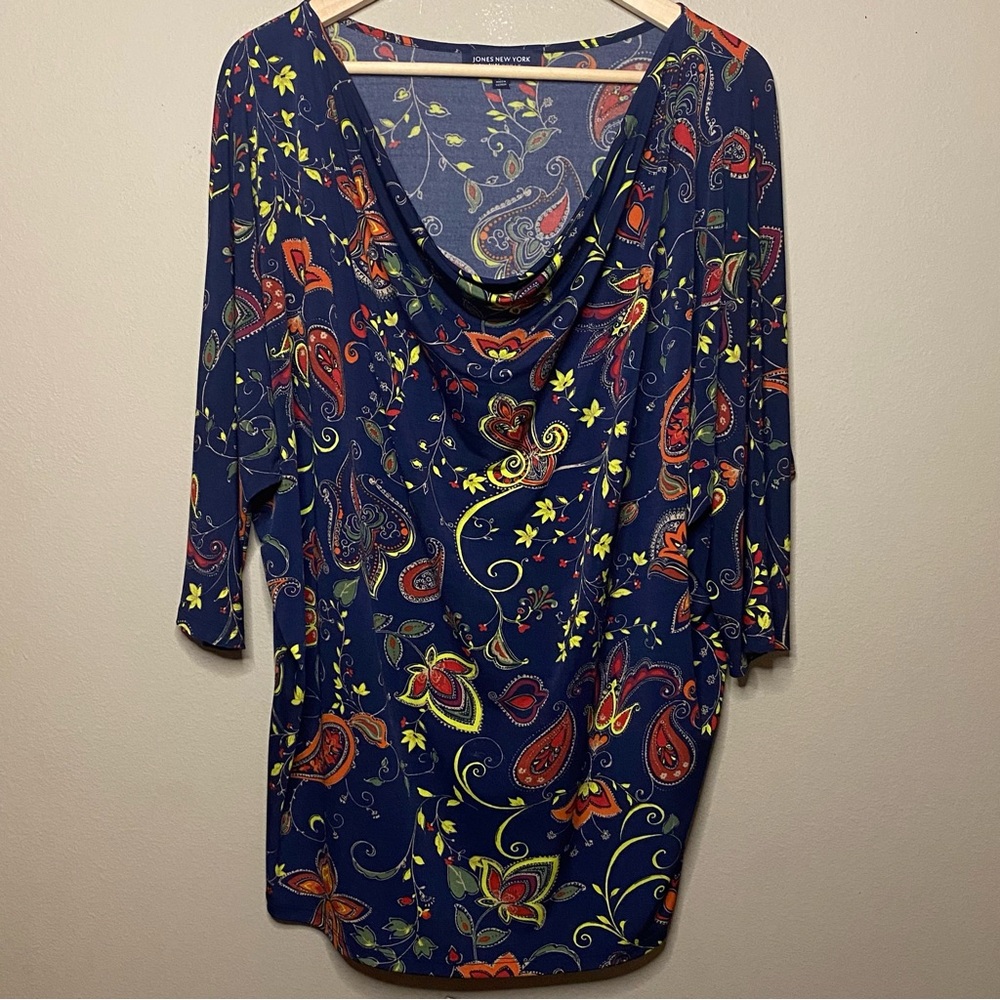 Jones New York Cowl Drape Neck Blouse Women 2X Blue Dark Paisley 3/4 Sleeve